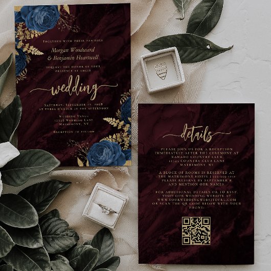 Navy Blue Gold Floral Burgundy QR Code Wedding 招待状