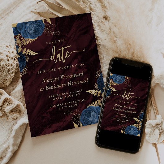 Navy Blue Gold Floral Burgundy Save the Date 招待状