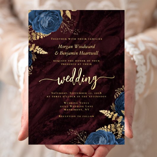 Navy Blue Gold Floral Burgundy Wedding 箔招待状