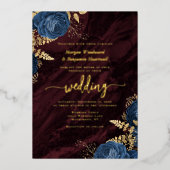 Navy Blue Gold Floral Burgundy Wedding 箔招待状 (正面)
