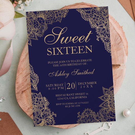 Navy blue gold floral elegant Sweet sixteen 招待状