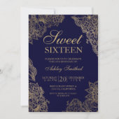 Navy blue gold floral elegant Sweet sixteen 招待状 (正面)