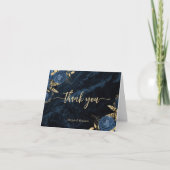 Navy Blue Gold Floral Script Wedding サンキューカード (正面)