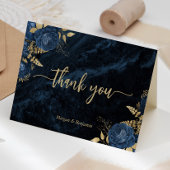 Navy Blue Gold Floral Script Wedding サンキューカード