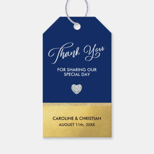 NAVY Blue Gold Foil フェイクハート結婚の ギフトタグ (正面)