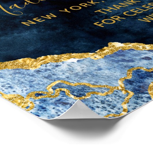 Navy Blue Gold Foil Agate Wedding Welcome Sign ポスター (角)