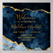 Navy Blue Gold Foil Agate Wedding Welcome Sign ポスター (正面)