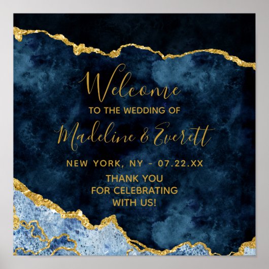 Navy Blue Gold Foil Agate Wedding Welcome Sign ポスター (正面)