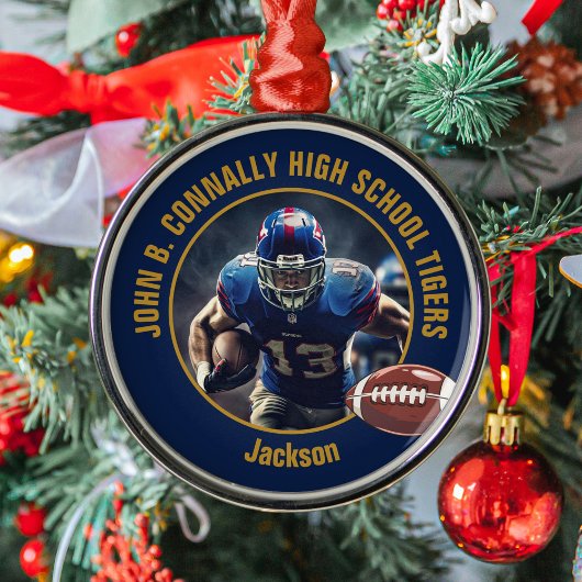 Navy Blue Gold Football Player Photo Christmas メタルオーナメント