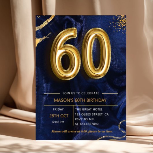 Navy Blue Gold Glitter 60th Birthday 招待状