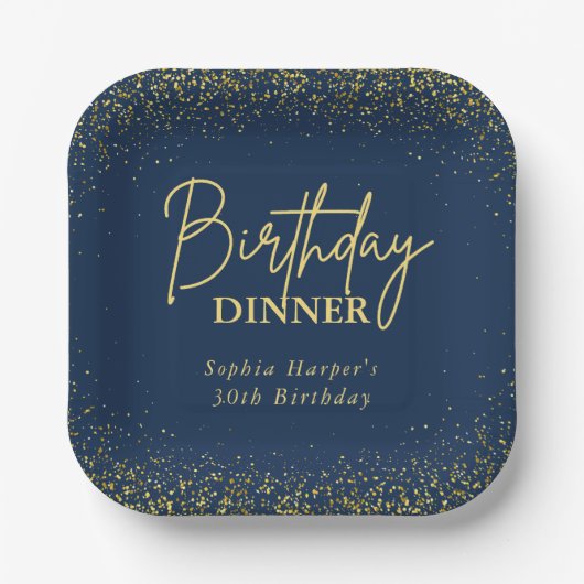 Navy Blue Gold Glitter Confetti Birthday Dinner ペーパープレート (正面)