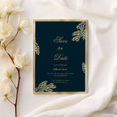 Navy blue gold glitter leaf floral Save the Date  招待状