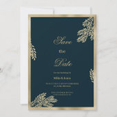 Navy blue gold glitter leaf floral Save the Date  招待状 (正面)