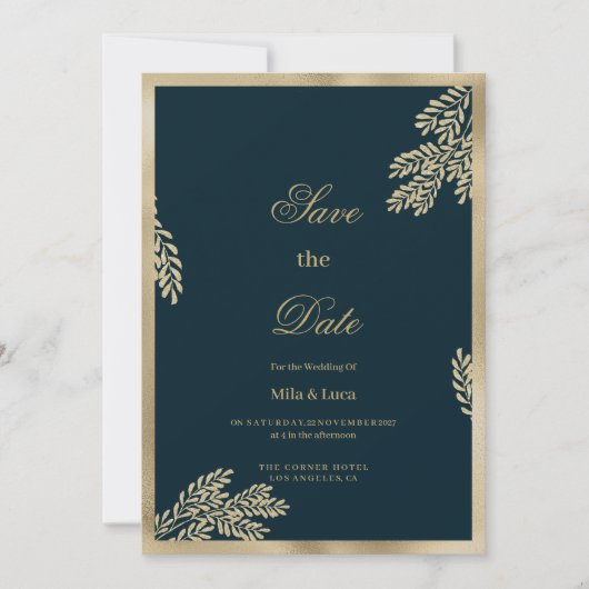 Navy blue gold glitter leaf floral Save the Date  招待状 (正面)