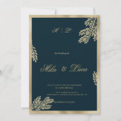 Navy blue gold glitter leaf floral Wedding  招待状 (正面)