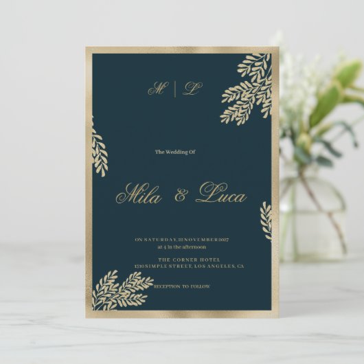 Navy blue gold glitter leaf floral Wedding  招待状 (スタンド正面)