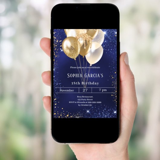 Navy blue gold glitter sparkle balloons birthday 招待状
