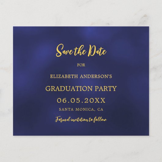 Navy blue gold Graduation Party Save the Date チラシ (裏面)