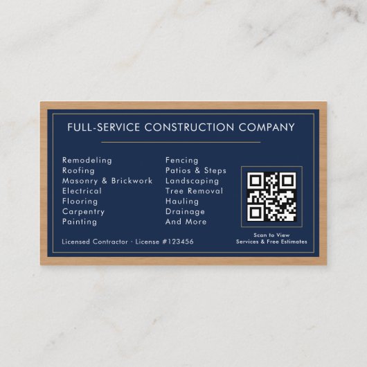 Navy Blue Gold Handyman Wood QR Code Construction 名刺 (裏面)