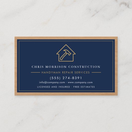 Navy Blue Gold Handyman Wood QR Code Construction 名刺 (正面)