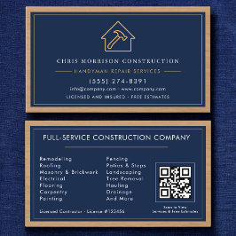 Navy Blue Gold Handyman Wood QR Code Construction 名刺