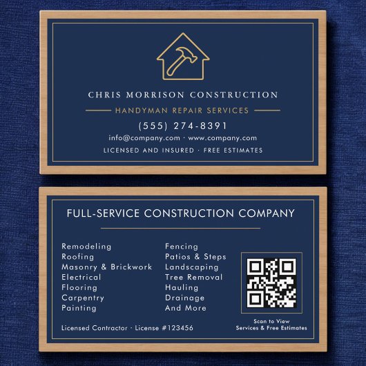 Navy Blue Gold Handyman Wood QR Code Construction 名刺