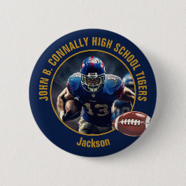 Navy Blue Gold High School Football Player Photo 缶バッジ