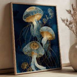 Navy Blue& Gold Jellyfish Kintsugi Ink Art Ocean ポスター