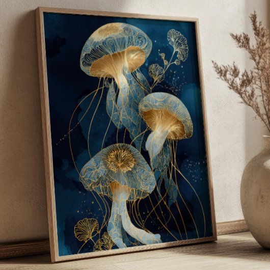 Navy Blue& Gold Jellyfish Kintsugi Ink Art Ocean ポスター