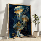 Navy Blue& Gold Jellyfish Kintsugi Ink Art Ocean ポスター