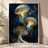 Navy Blue& Gold Jellyfish Kintsugi Ink Art Ocean ポスター