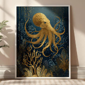 Navy Blue& Gold Kintsugi Octopus Underwater ポスター