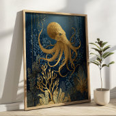 Navy Blue& Gold Kintsugi Octopus Underwater ポスター