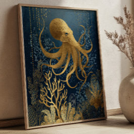 Navy Blue& Gold Kintsugi Octopus Underwater  ポスター