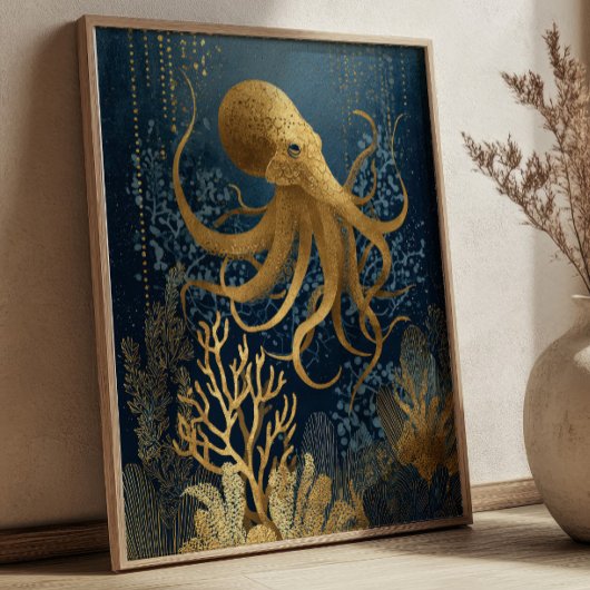 Navy Blue& Gold Kintsugi Octopus Underwater ポスター