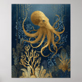 Navy Blue& Gold Kintsugi Octopus Underwater ポスター (正面)
