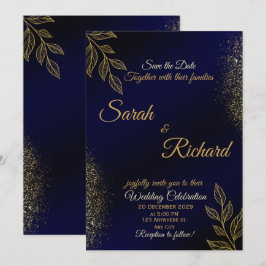 Navy Blue Gold Luxury Wedding Invitation 招待状