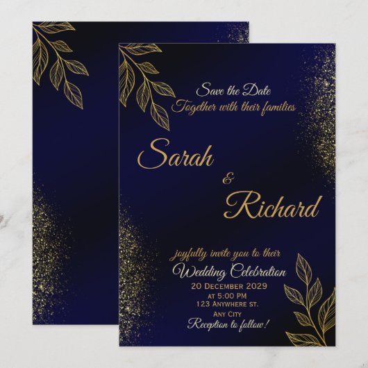 Navy Blue Gold Luxury Wedding Invitation 招待状 (正面/裏面)