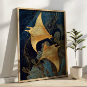 Navy Blue& Gold Manta Rays Elegant Kintsugi Art ポスター