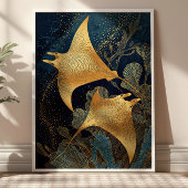 Navy Blue& Gold Manta Rays Elegant Kintsugi Art ポスター
