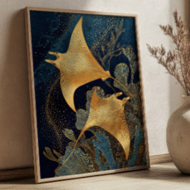 Navy Blue& Gold Manta Rays Elegant Kintsugi Art ポスター