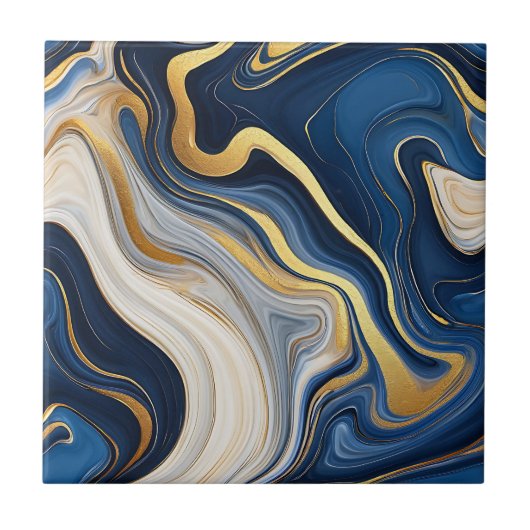 Navy Blue Gold Marble Swirls タイル (正面)