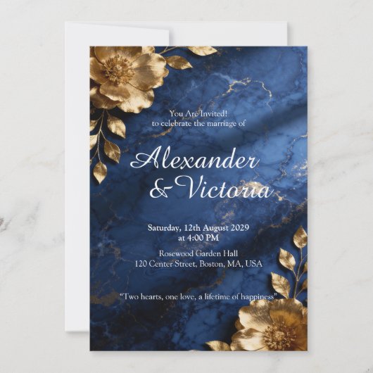 Navy Blue Gold Marble Wedding Invitation 招待状 (正面)