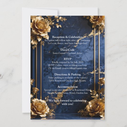 Navy Blue Gold Marble Wedding Invitation 招待状 (裏面)