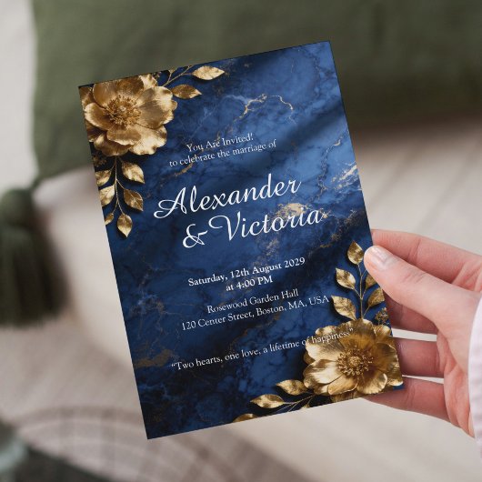 Navy Blue Gold Marble Wedding Invitation 招待状