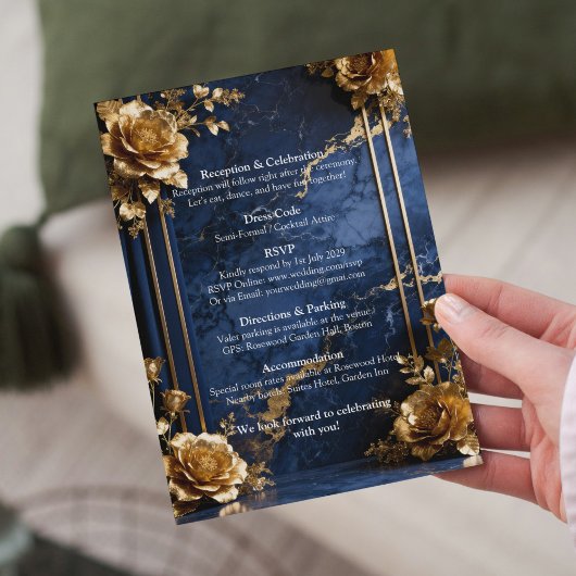 Navy Blue Gold Marble Wedding Invitation 招待状