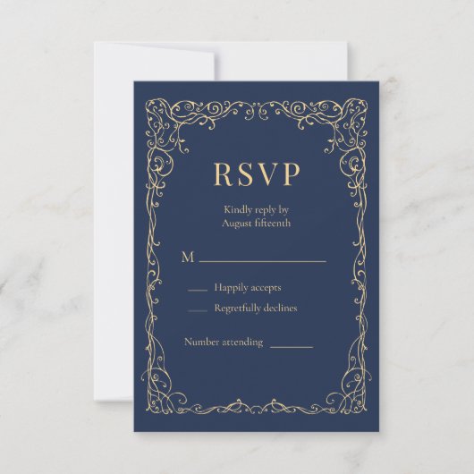 Navy Blue Gold Minimalist Wedding RSVP  (正面)