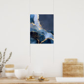 Navy Blue Gold Modern Abstract Flowers Wall Art ポスター (キッチン)