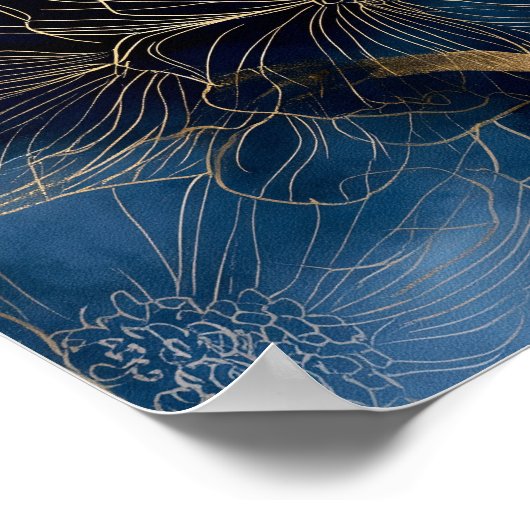Navy Blue Gold Modern Abstract Flowers Wall Art ポスター (角)