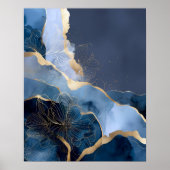Navy Blue Gold Modern Abstract Flowers Wall Art ポスター (正面)